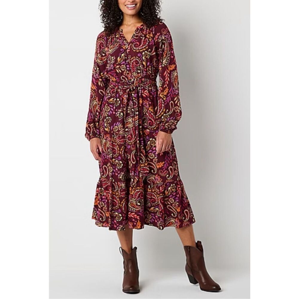 ST. JOHN’S BAY Dress Midi A-Line 3X Ruby Paisley Purple Floral Fall NWT Boho New